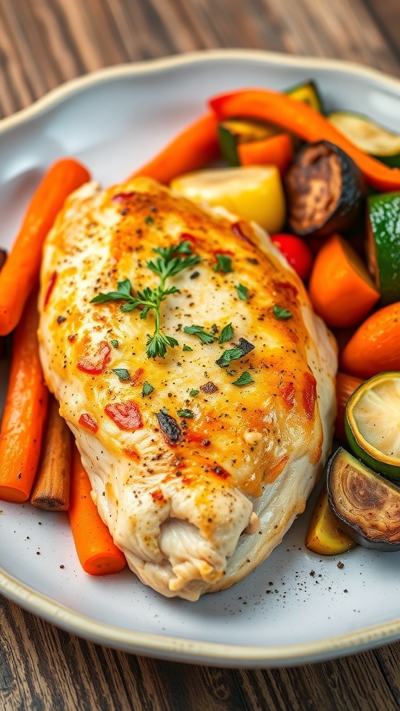 Juicy baked chicken breast garnished with herbs, served with roasted vegetables on a rustic table.